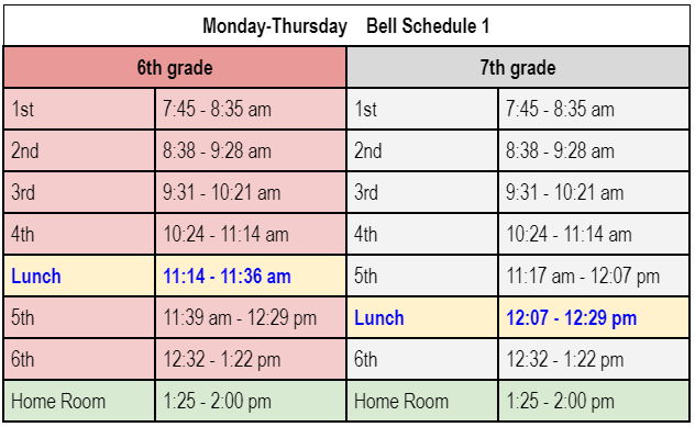 Monday-Thursday Bell Schedule 6th Grade Lunch
