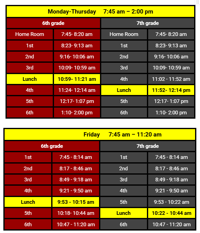 Monday-Thursday Bell Schedule 6th Grade Lunch